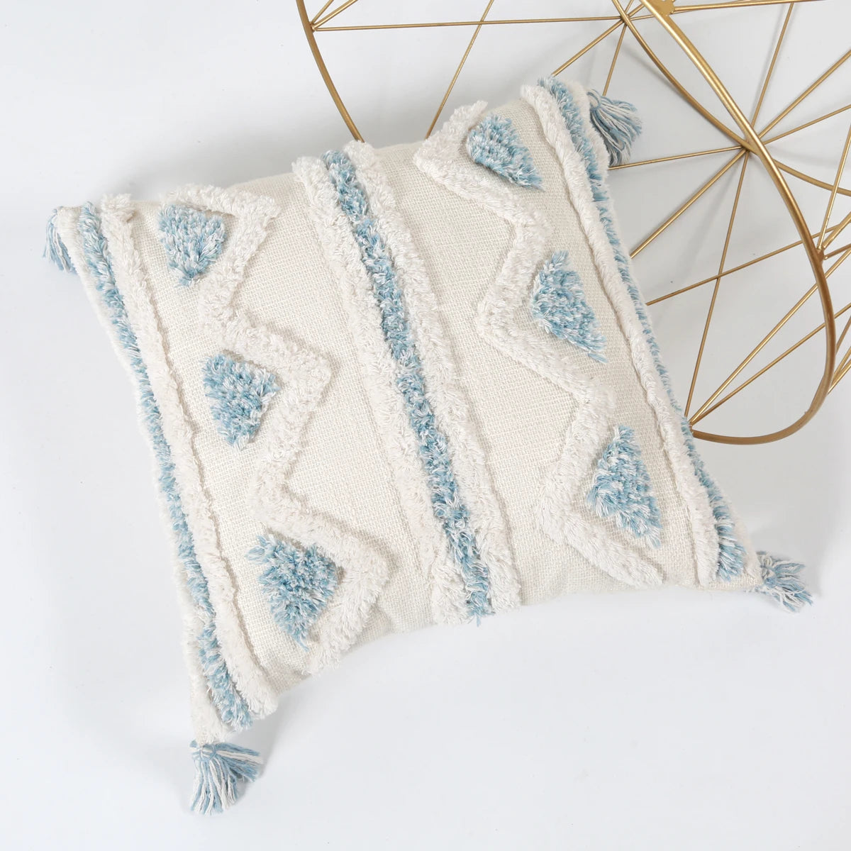 Blue Geometric Tufted Pillow Cover with Tassels – Boho Home Decor Housewarming Gift Accent for Couch, Bed & Living Room