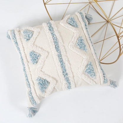 Blue Geometric Tufted Pillow Cover with Tassels – Boho Home Decor Housewarming Gift Accent for Couch, Bed & Living Room