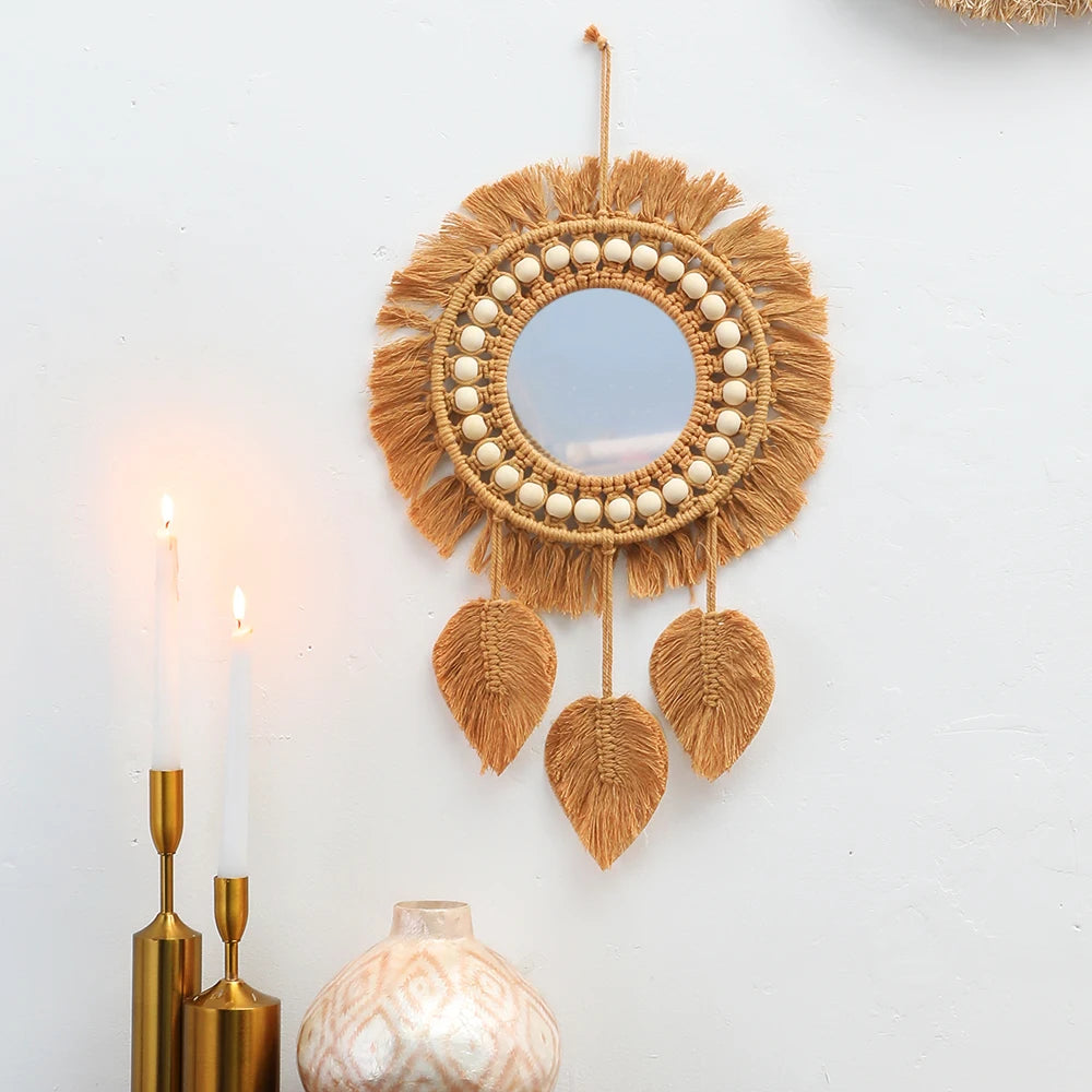 Boho Round Macrame Wall Mirror – Handwoven Decorative Hanging Mirror