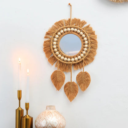 Boho Round Macrame Wall Mirror – Handwoven Decorative Hanging Mirror