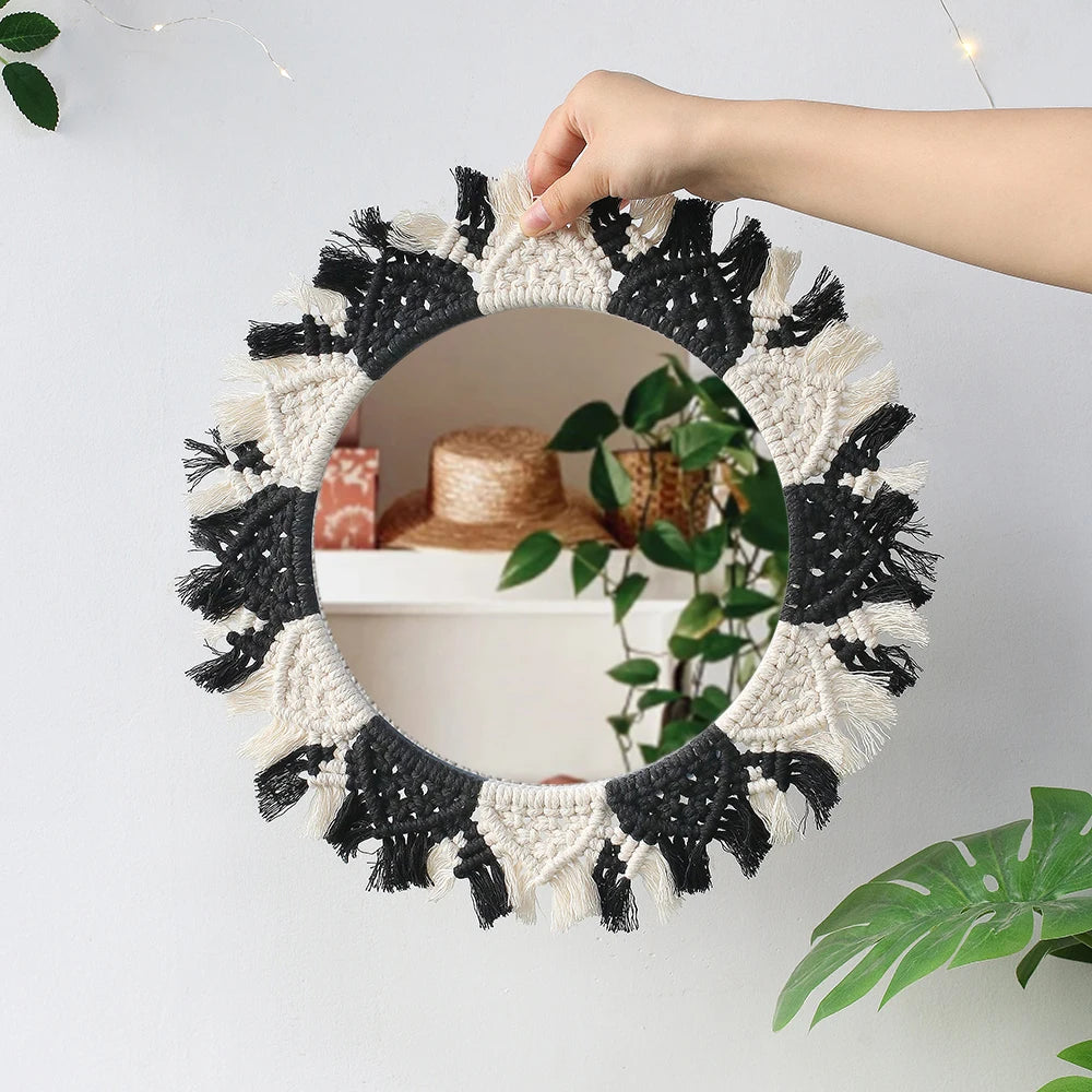 Wall Circle Mirror Macrame Boho Home Decor Mirrors for Bedroom Baby Room Decoration Nursery Sun Star Shaped