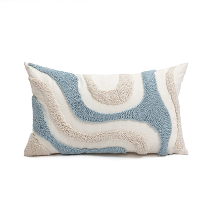 Blue & White Abstract Geometric Embroidery Pillow Cover – Boho Home Decor Accent