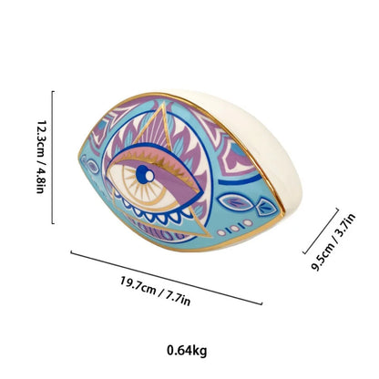 Moroccan Turkish blue evil eye ceramic figurine, unique bohemian home decor accent perfect for eclectic and boho home styles, adds soulful vibes and a cozy touch to any room, great for gifting as a boho home decor gift or housewarming present.