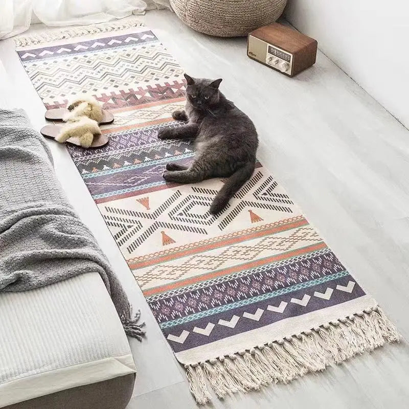 Boho Cotton Woven Geometric Rug – Anti-Slip Floor Mat for Living Room, Bedroom & Entryway