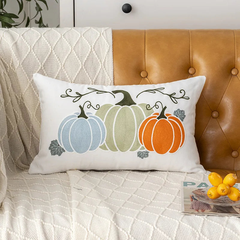 Embroidered Halloween Pumpkin Pillow Cover – Autumn Cushion for Sofa, Office & Home Decor