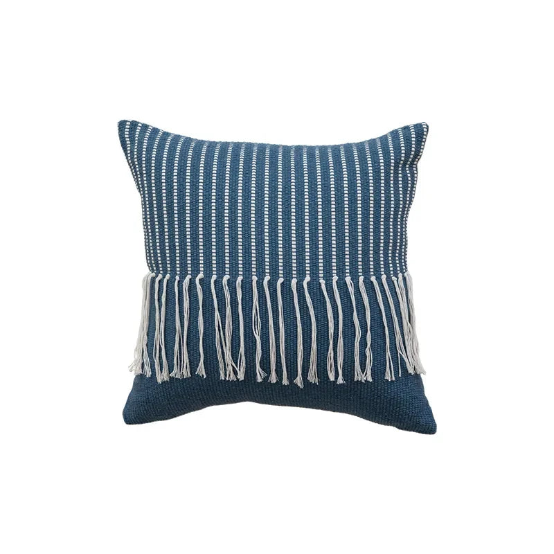 Blue pillow with white fringe on a white background Nordic blue tufted cushion cover with geometric stripe and grid crochet pattern, tassel pillow cover for sofa, bed, and boho home decor