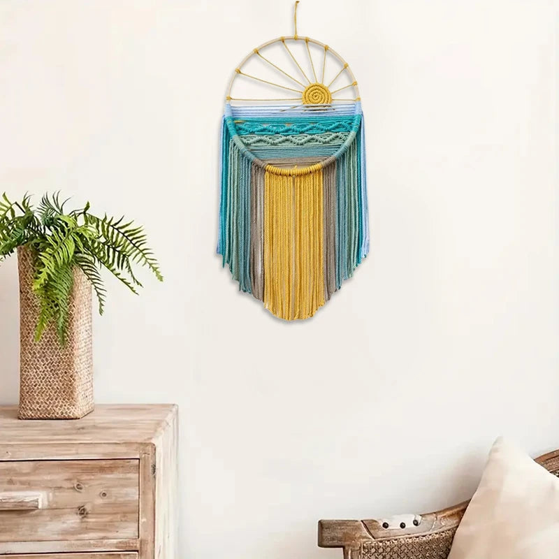 Sunrise & Sunset woven boho wall hanging displayed on wall, Nordic style cotton tapestry featuring warm earthy tones, perfect for boho home decor and eclectic interior design ideas, adds cozy bohemian vibes and textured aesthetic home decor to any living room or bedroom.