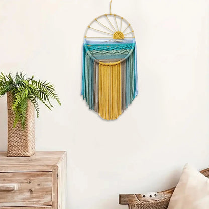 Sunrise & Sunset woven boho wall hanging displayed on wall, Nordic style cotton tapestry featuring warm earthy tones, perfect for boho home decor and eclectic interior design ideas, adds cozy bohemian vibes and textured aesthetic home decor to any living room or bedroom.