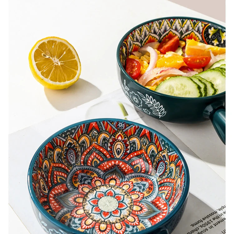 Bohemian Ceramic Single Handle Bowl – Artistic Bowl for Soups, Noodles & More