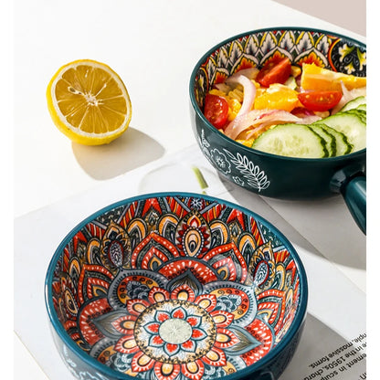 Bohemian Ceramic Single Handle Bowl – Artistic Bowl for Soups, Noodles & More