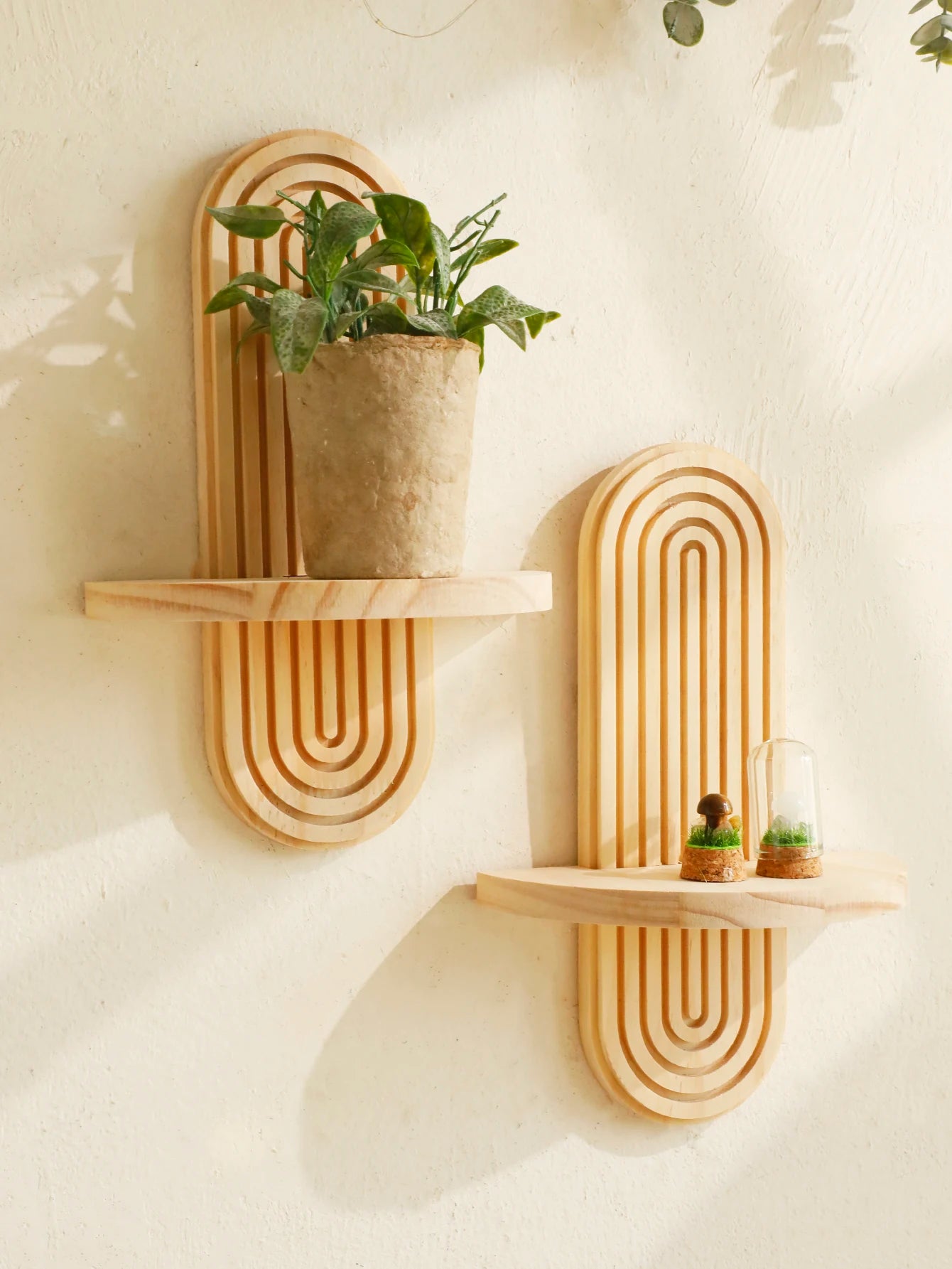 Boho Style Wooden Wall Shelf - Geometric Wall Mounted Shelves, Natural Wood Finish, Modern Home Decor, Plant Holder Circle