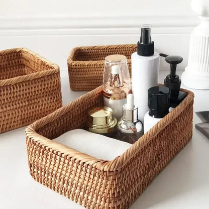 Woven storage baskets with skincare products on a white surface boho home decor, rattan basket, handwoven wicker basket, fruit storage box, bread basket, picnic basket, natural storage bin, tea storage box, rustic home organization, farmhouse decor, housewarming gift, boho storage basket