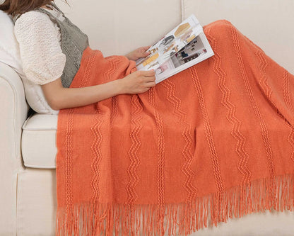 Boho Knit Throw Blanket – Soft Lightweight Acrylic Blanket with Tassels