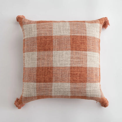 Orange linen tassels cushion cover styled on modern sofa, decorative boho throw pillow for living room, bed, or chair, perfect for cozy home vibes and housewarming gift ideas. Square and Rectangle.
