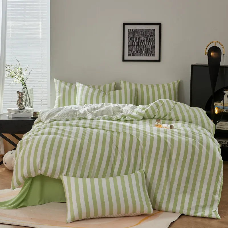 Lime Green Boho Striped Microfiber Bedding Set – 4-Piece Soft & Cozy Duvet Cover Set with Pillowcases & Flat Sheet