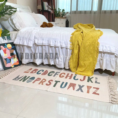 Boho Cotton Woven Alphabet Geometric Rug – Anti-Slip Floor Mat for Living Room, Bedroom & Entryway