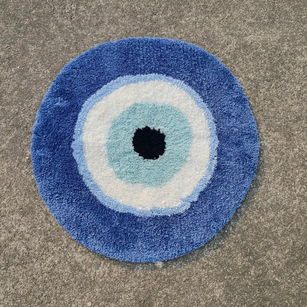 Round blue and white circular rug on a gray carpet boho home decor, evil eye rug, tufted bathroom rug, fluffy circle rug, plush floor mat, round bath mat, anti-slip mat, dorm decor, Halloween decor, housewarming gift, bathroom accessories, bedroom rug, living room carpet