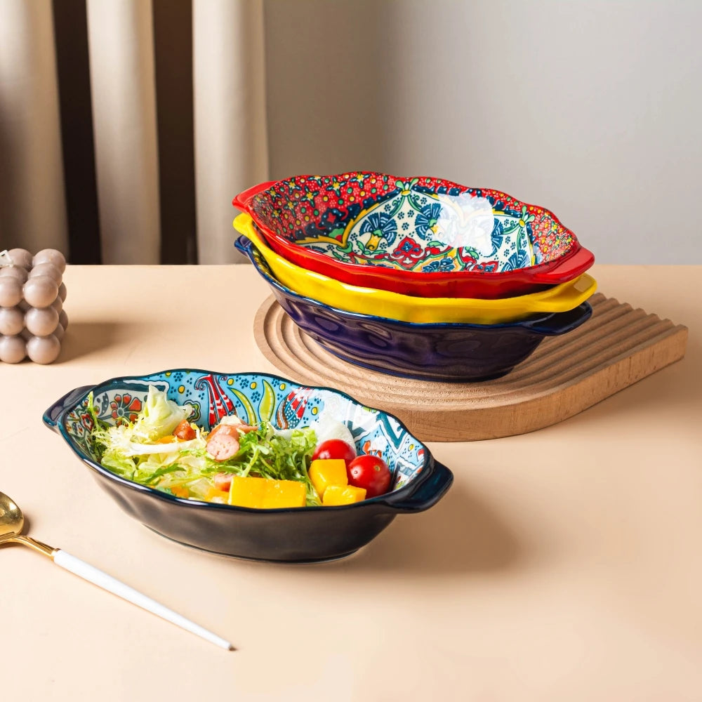 Bohemian Egg-Shaped Ceramic Baking Plate – 9" Colorful Oval Pasta, Salad & Fruit Dish