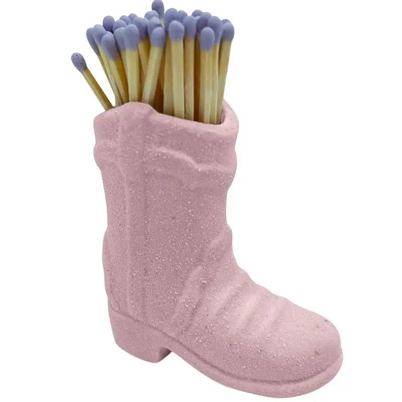 Ceramic Match Holder With Striker Cowboy Boot Shaped Boho Style Jar Fireplace Home Decor Container
