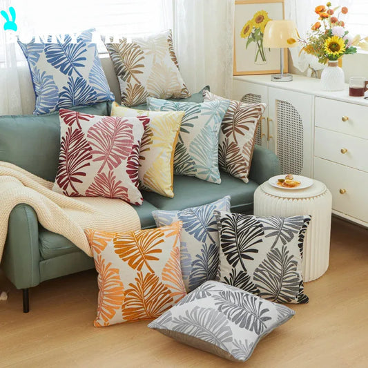 Pillows on a Couch Featuring Bay Leaf Cushion Cover – Square Decorative Throw Pillow Case for Boho Home Decor