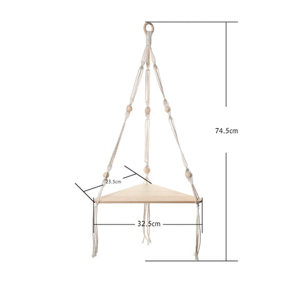 Boho Macrame Hanging Wooden Shelf – Handcrafted Floating Wall Shelf for Home Decor