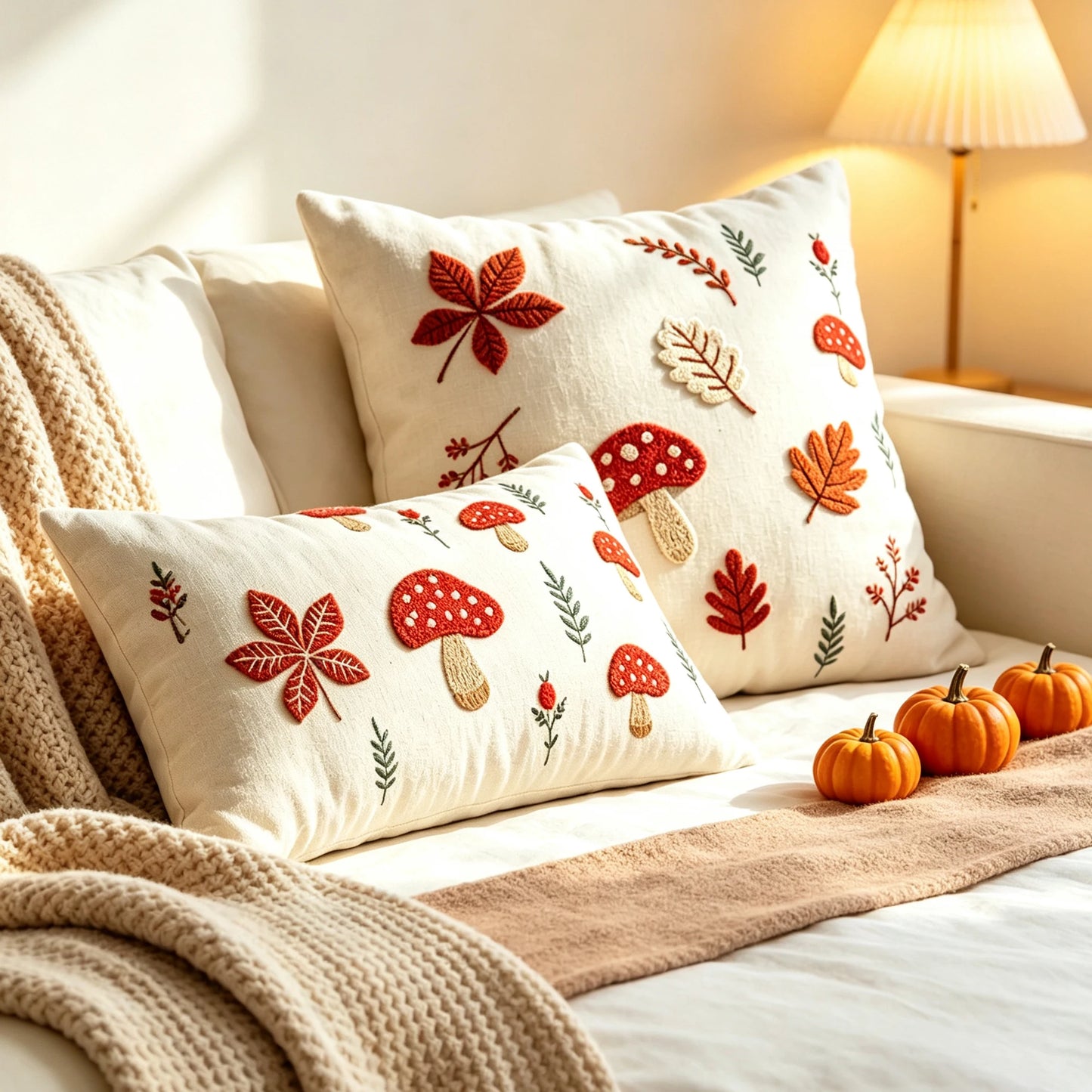 Two cream-colored decorative throw pillows with embroidered autumn motifs, including red mushrooms, red and orange leaves, and green stems, styled on a bed with a beige knit blanket and small pumpkins. Boho fall home decor.