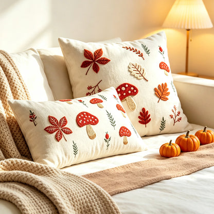Two cream-colored decorative throw pillows with embroidered autumn motifs, including red mushrooms, red and orange leaves, and green stems, styled on a bed with a beige knit blanket and small pumpkins. Boho fall home decor.