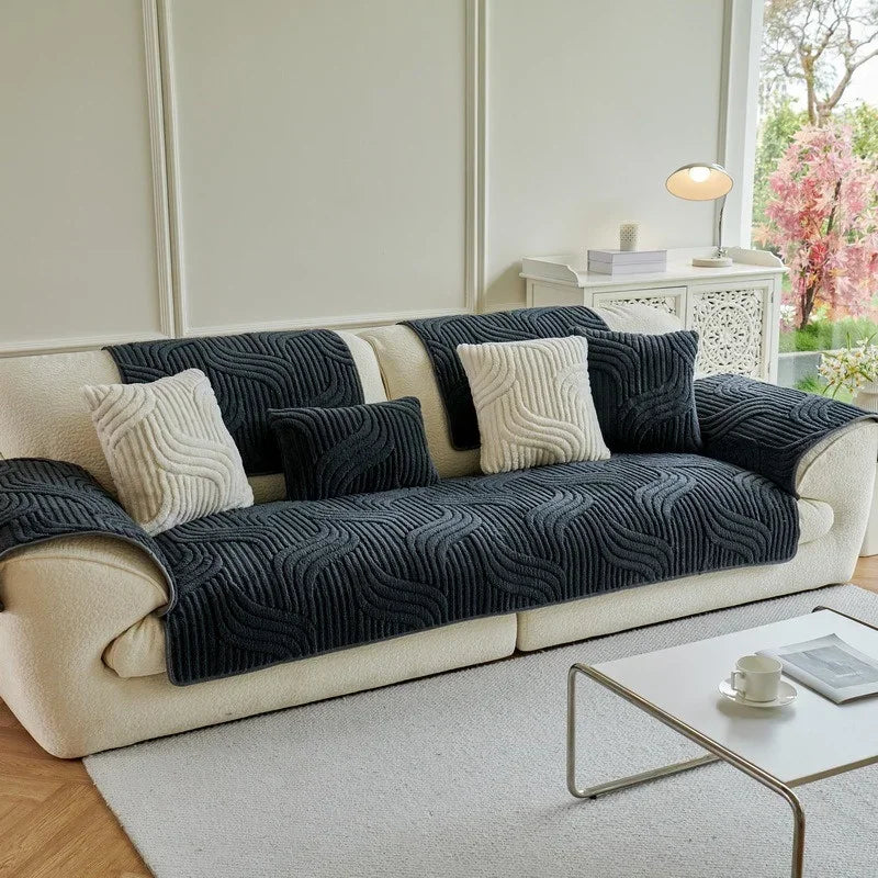 1PC Wave Striped Sofa Cover Solid Color Thicken Plush Sofa Towel Covers Non-slip Couch Slipcovers Sofa Mat for Living Room