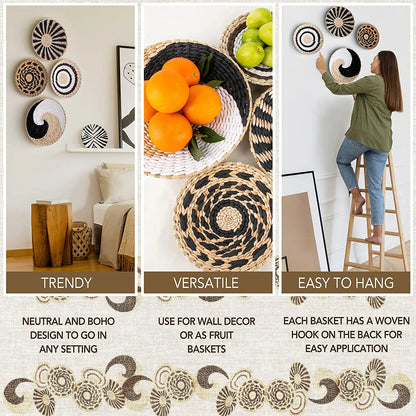 Straw Woven Wall Decoration Boho Rattan Wall Basket Decor Round Grass Weaving Ornament Rustic Seagrass Flat Hoom Hanging Crafts Fruit Bowl Wall Art for Boho Home Decor