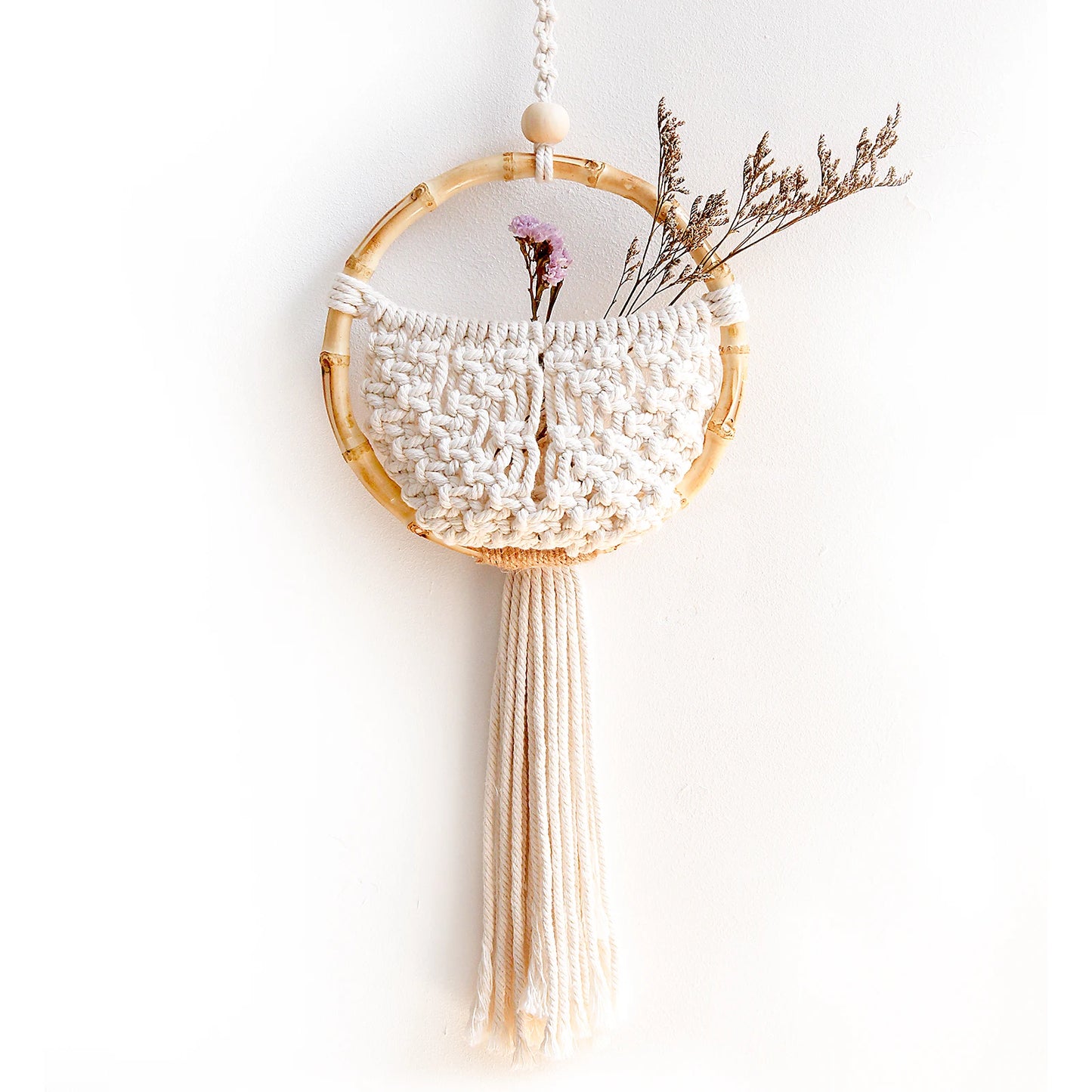 Boho Macrame Wall Hanging with Flower Pot Pocket – Handmade Nordic Round Wall Tapestry | Dorm Room & Home Decor