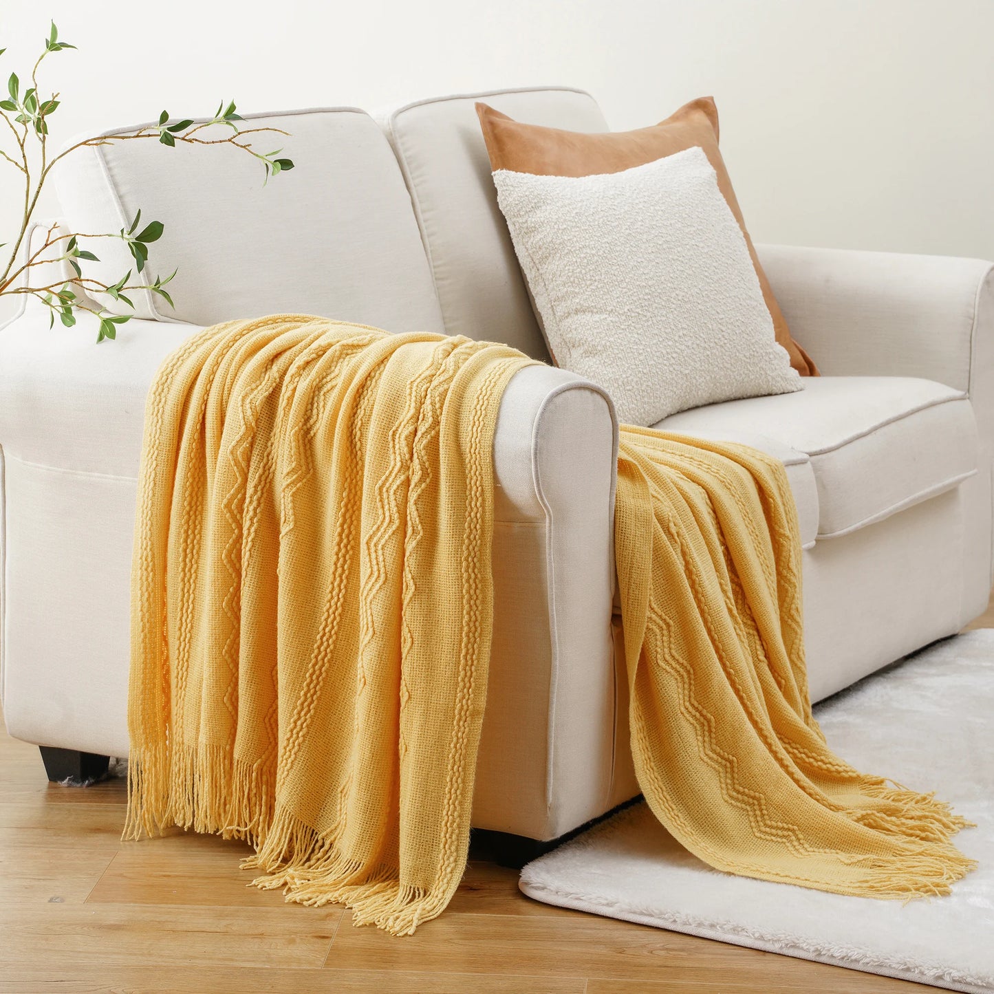 Boho Knit Throw Blanket – Soft Lightweight Acrylic Blanket with Tassels