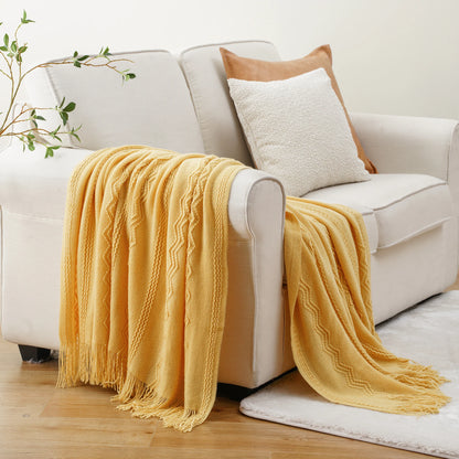 Boho Knit Throw Blanket – Soft Lightweight Acrylic Blanket with Tassels