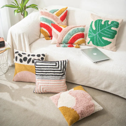 Vibrant Tufted Geometric Nature Embroidered Cushion Cover – Boho Patchwork Throw Pillow