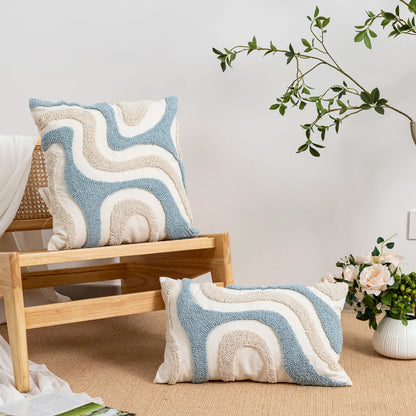Blue & White Abstract Geometric Embroidery Pillow Cover – Boho Home Decor Accent