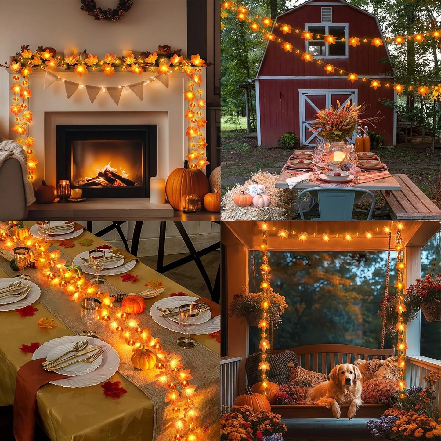 Collage of a fireplace, outdoor barn, and patio with string lights and autumn decorations. fall leaf lights 