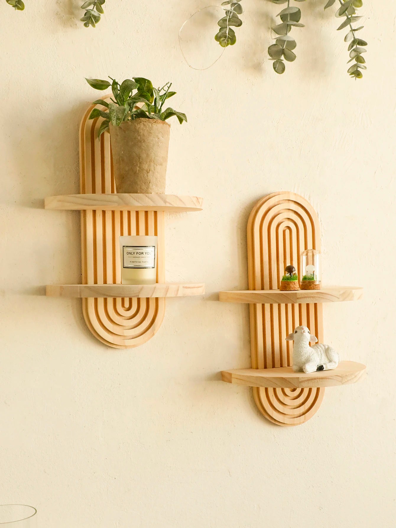 Boho Style Wooden Wall Shelf - Geometric Wall Mounted Shelves, Natural Wood Finish, Modern Home Decor, Plant Holder Circle