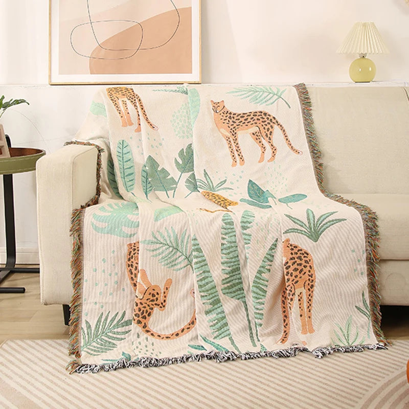 Boho Tassel Throw Blanket Cheetahs and Leaves