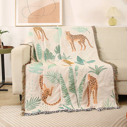 Boho Tassel Throw Blanket Cheetahs and Leaves