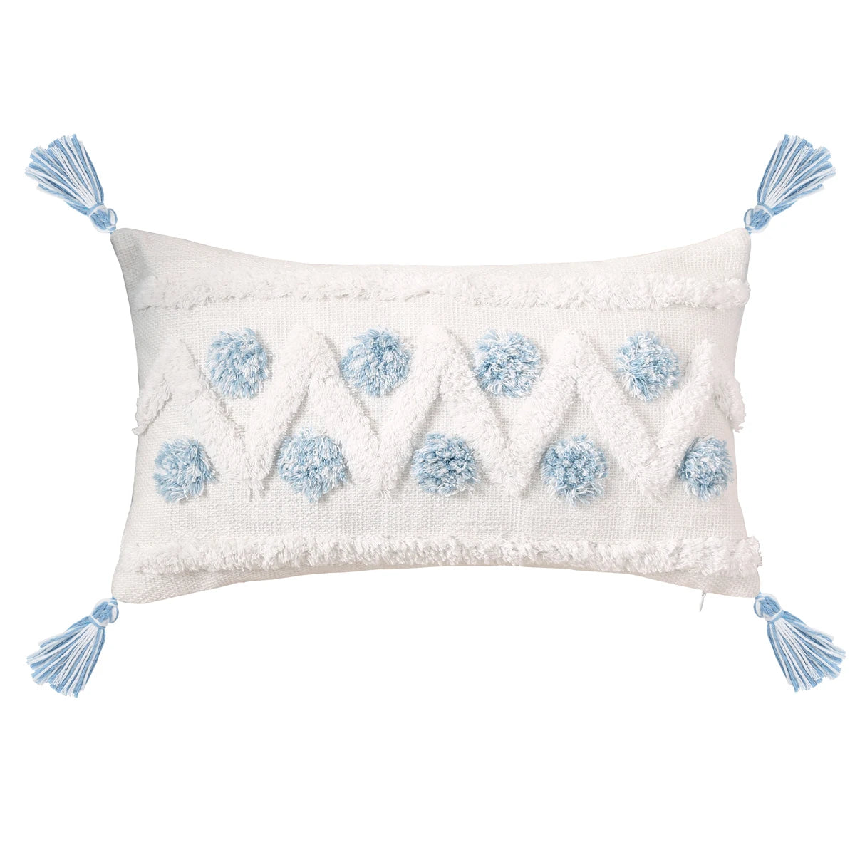 Blue Geometric Tufted Pillow Cover with Tassels – Boho Home Decor Housewarming Gift Accent for Couch, Bed & Living Room