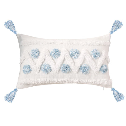 Blue Geometric Tufted Pillow Cover with Tassels – Boho Home Decor Housewarming Gift Accent for Couch, Bed & Living Room