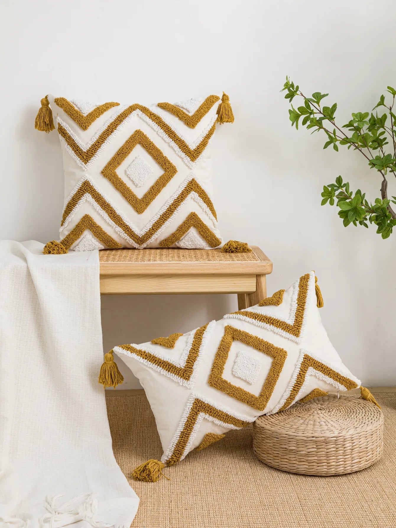 Geometric Diamond Pillow Cover with Tassels – Boho Home Decor Accent for Couch, Bed, or Chair Housewarming Gift