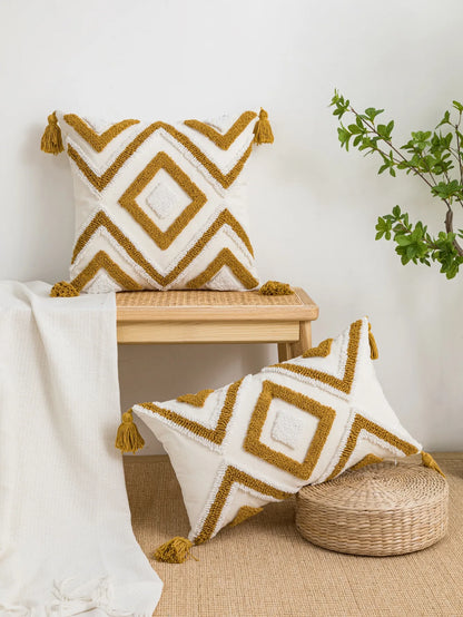 Geometric Diamond Pillow Cover with Tassels – Boho Home Decor Accent for Couch, Bed, or Chair Housewarming Gift