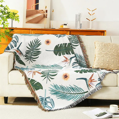 Boho Tassel Throw Blanket Leaves