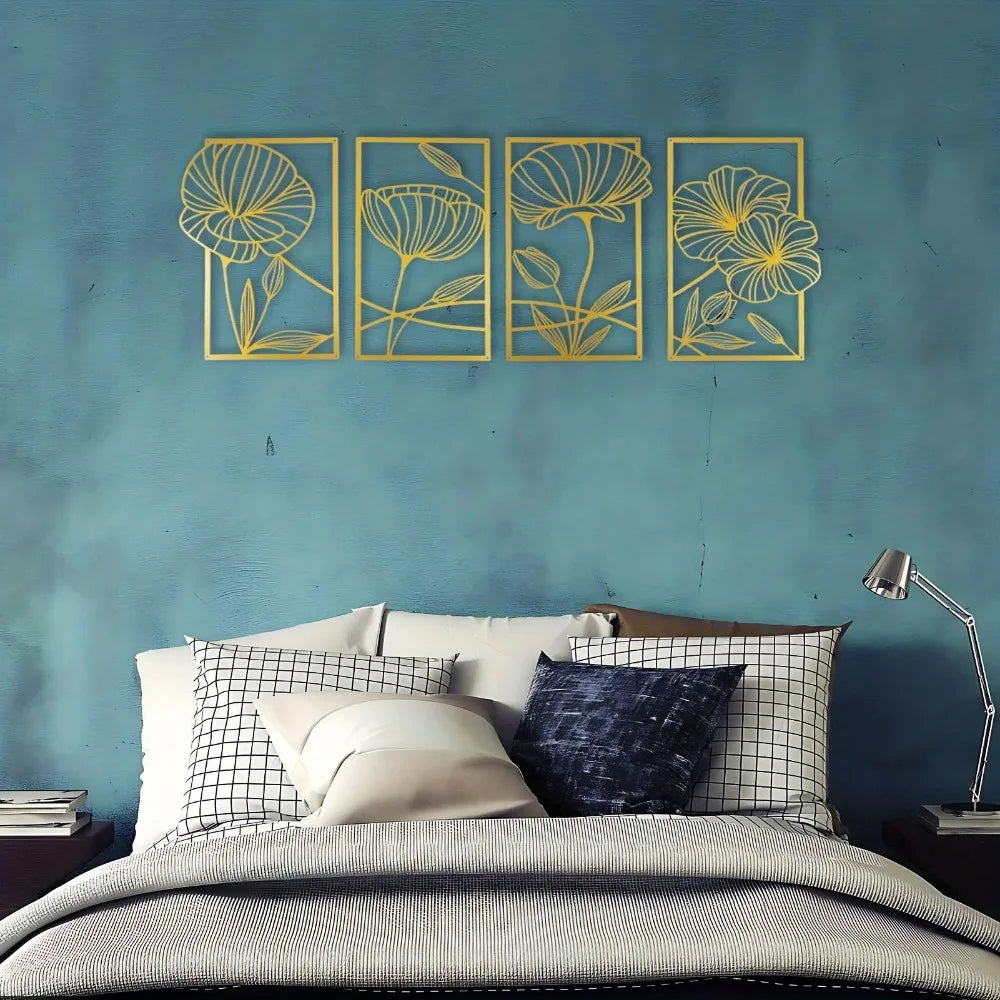 Metal Lotus Line Art Wall Decor – 4-Piece Set