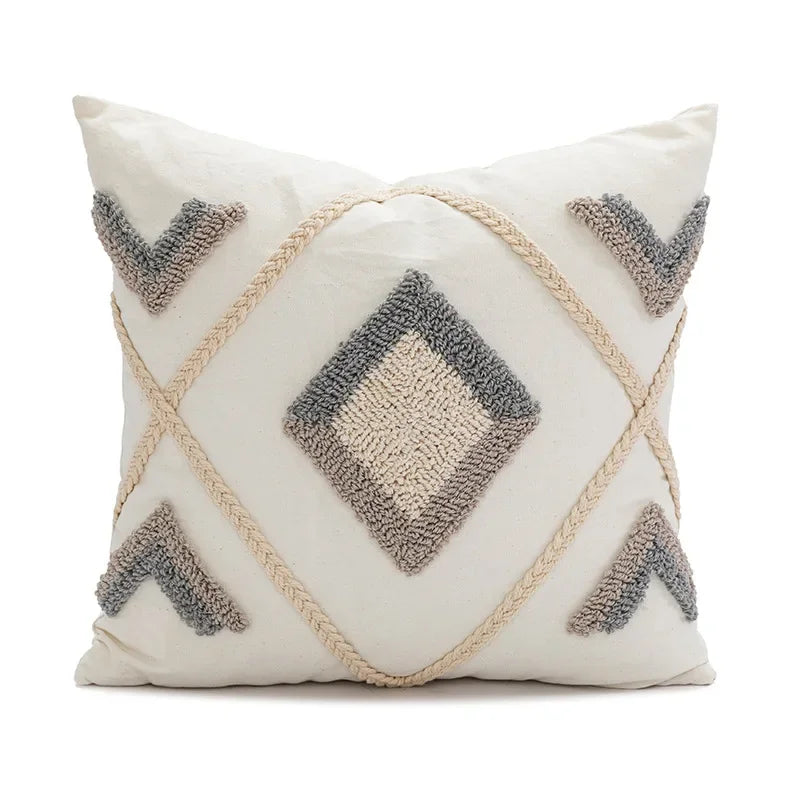 Decorative pillow with geometric pattern on a white background Nordic blue tufted cushion cover with geometric stripe and grid crochet pattern, tassel pillow cover for sofa, bed, and boho home decor