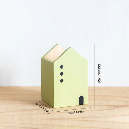🏡 Boho Wooden Cartoon House Pen Holder – Handcrafted Desk Organizer for Office, Makeup & Home Decor