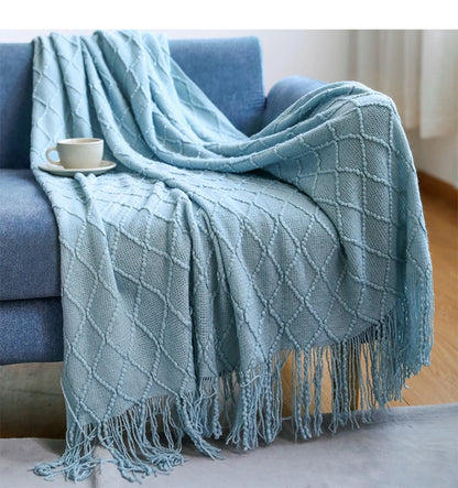 Blue Boho Nordic Knitted Throw Blanket with Tassels – Geometric Diamond Design for Bed, Couch, and Living Room