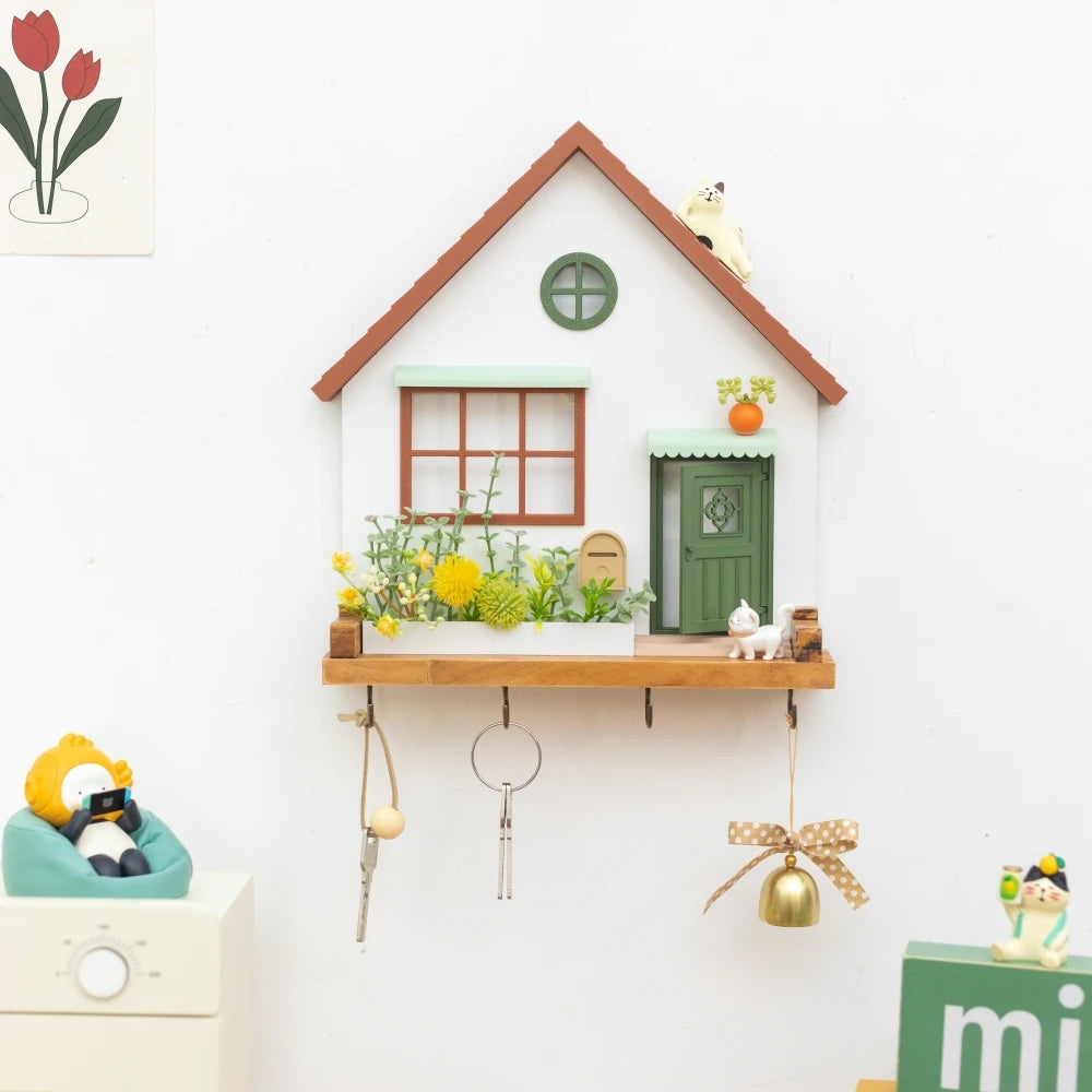 🏡 Fairytale Town Wall Hook Rack – Boho Wooden Key Holder & Decorative Village Scene Organizer