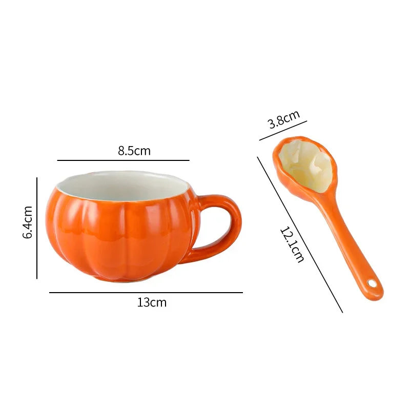 Orange ceramic mug and measuring spoon with dimensions on a white background. Pumpkin ceramic mug with spoon Halloween autumn fall coffee cup