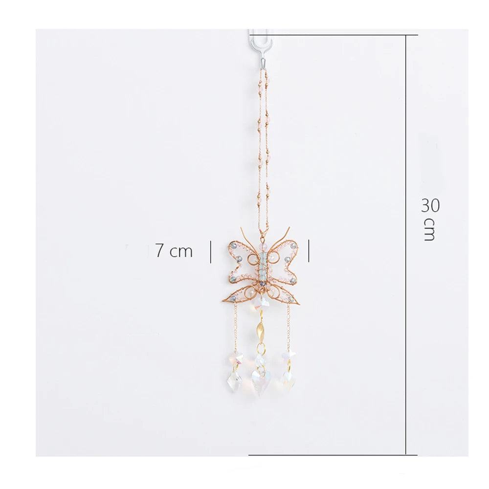 Butterfly-shaped decorative hanging ornament with measurements on a white background boho home decor, crystal wind chime, sun catcher for windows, moon prism chime, agate stone hanging, garden art decor, patio hanging decoration, boho housewarming gift, spiritual gift, crystal suncatcher, balcony decor, meditation decor, handmade crystal chime